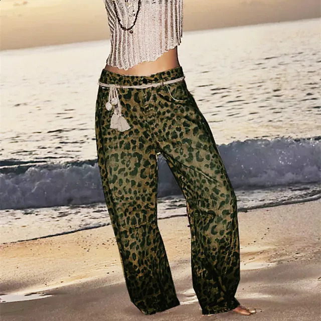 Women Leopard Barrel Jeans Y2k Cheetah Printed Baggy Boyfriend Jeans Mid Rise Wide Leg Denim Pants Horseshoe Jeans 250319