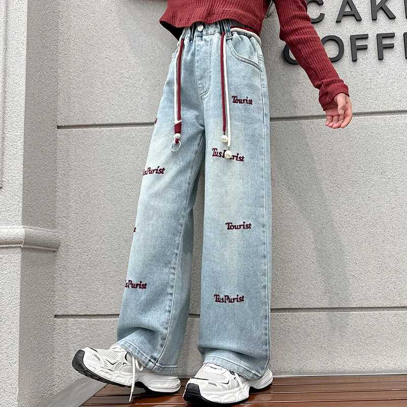 Loose Embroidered Letter Childrens Wide Leg Trouser Casual Elastic Waist Straight Leg Pants Teen Girls Jeans Childrens ClothingT250326