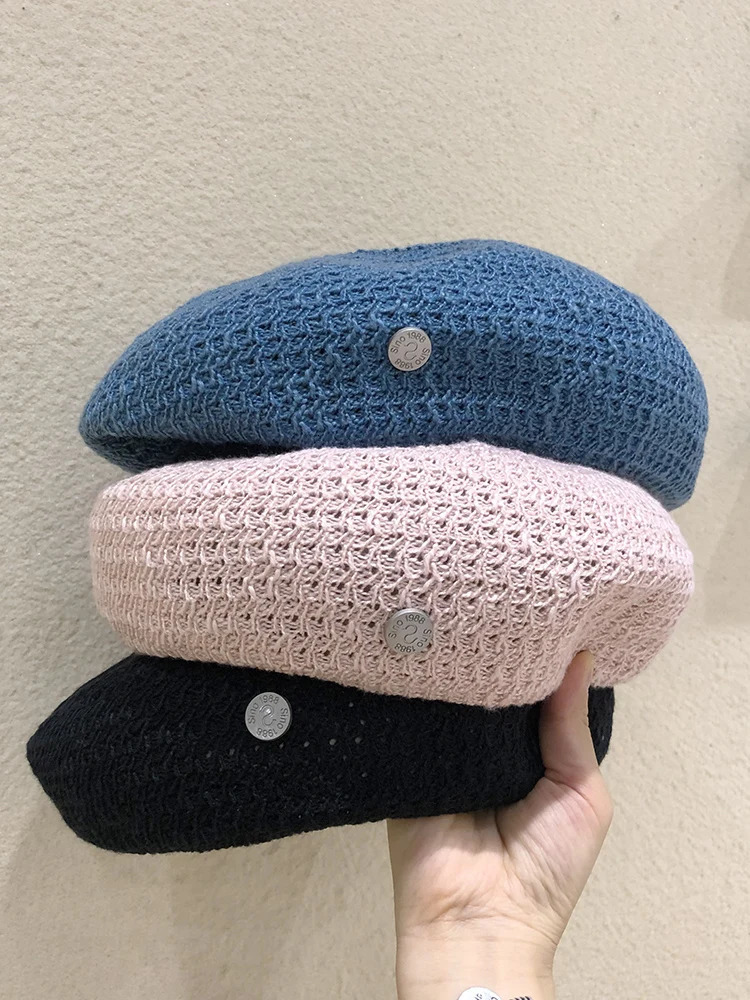 Korean Version Hollow Candy Color Berets Spring and Summer Milk Silk Retro Show Face Small Street Snap Painter Hats for Women 250320
