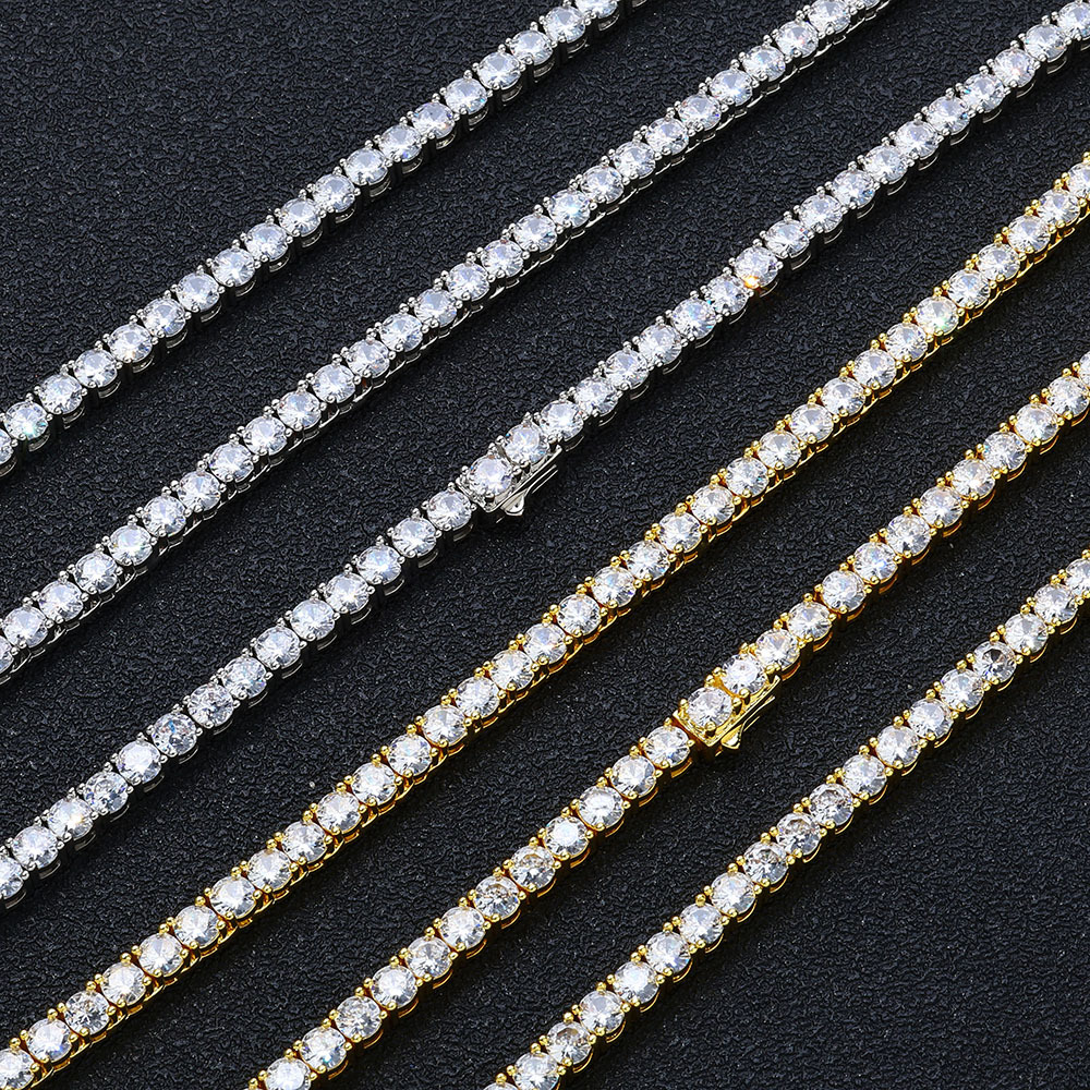 Hip-Hop Brass Gold Plated Cubic Zircon Single Row Tennis Necklace Jewelry Bling Diamond Tennis Chain Women Men Gift