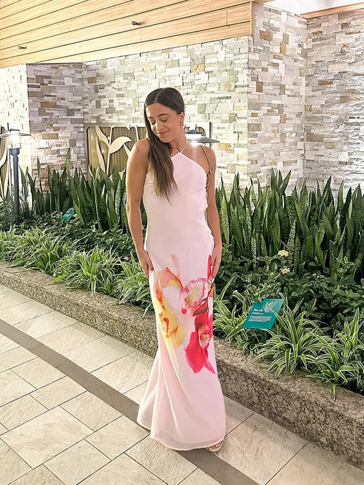 Sexy Women Printed Flower Pink Maxi Dress Fashion Halter Sleeveless Backless Long Robe Summer Female Beach Vacation Vestido 250319