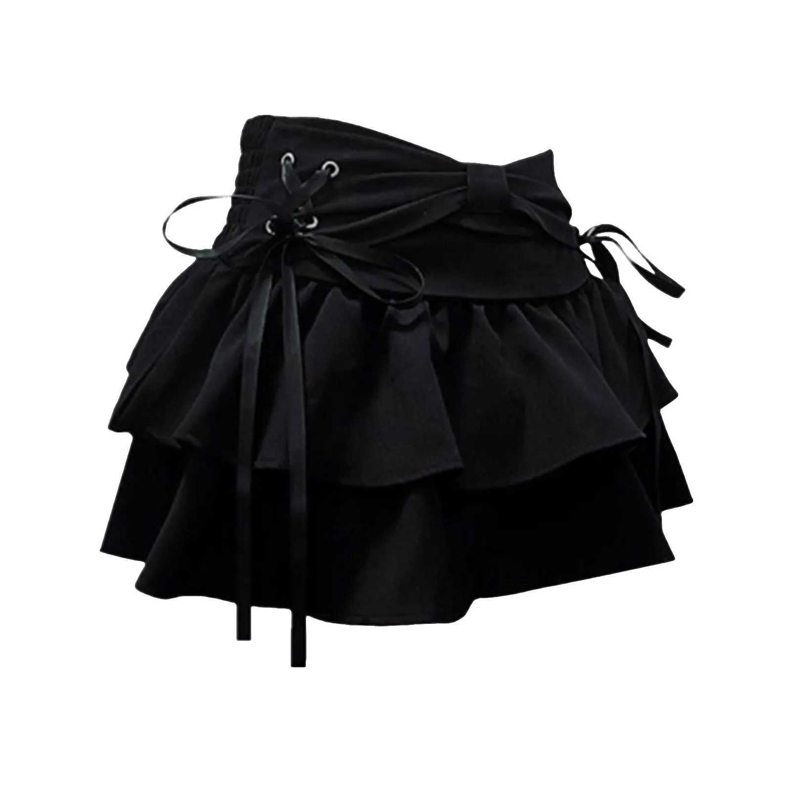 Fairy Tie Bow Harajuku denim shorts womens Y2k sweet high waisted laminated pleated skiing Korean large-size A-line skiingXJ250320