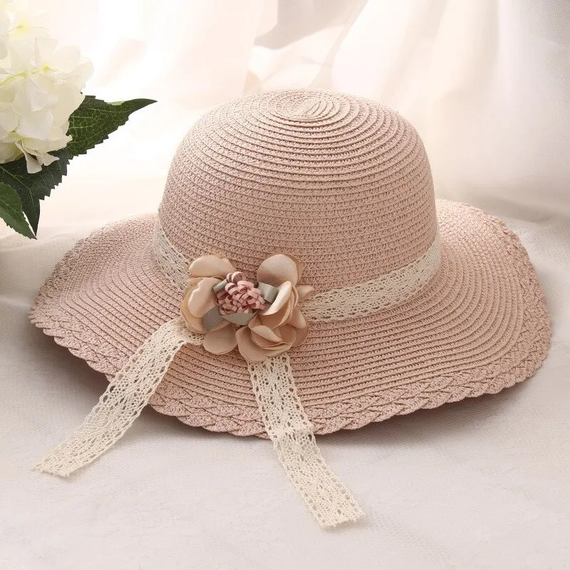 Flower Lace Straw Hat Girls Outdoor Sunscreen Cool Hat Beach Vacation Sun Hat 250320