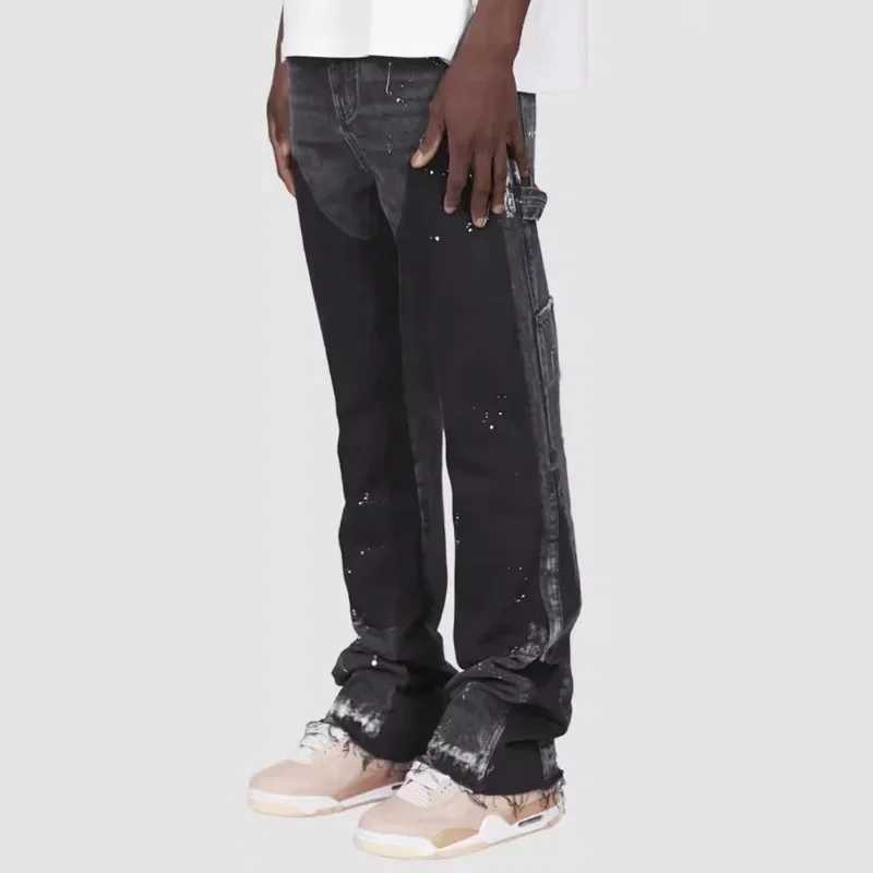 Y2k jeans mens painted patches bag stacked jeans fashionable workwear trendy stretch patches denim stacked glitter jeansT250319