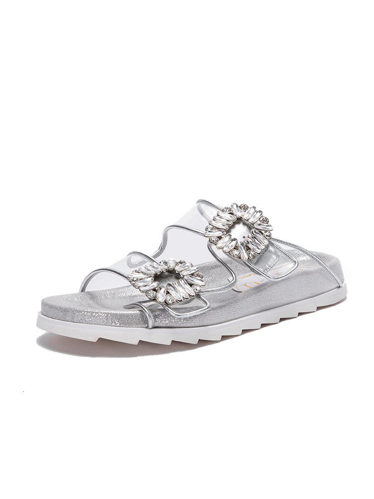 Designer CHCH Square Button Rhinestone Thick Bottom Women On The Beach Double Straps Straight Line, Wearing Slippers For Leisure And Fashion, Paired W