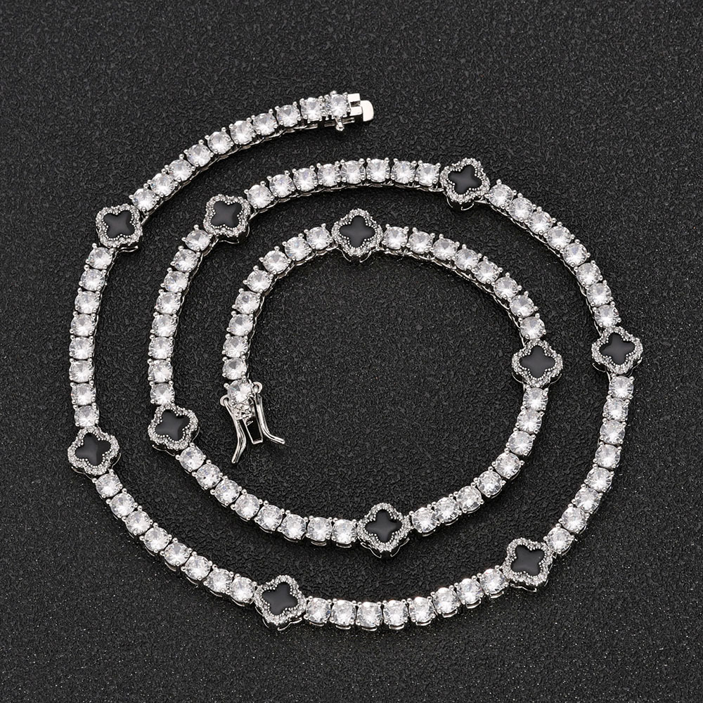 Hip Hop Ice Flower Tennis Clavicle Necklace New Cube Zirconia Brass Black Drip Oil Tennis Chain Jewelry Women Men