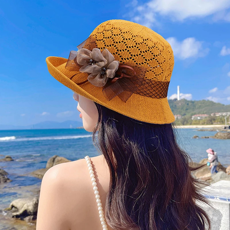 Summer Solid Floppy Straw Hats For Women Elegant Flowers Accessories Panama Hat Ladies Knitted Bucket Cap Beach Sun Cap 250320