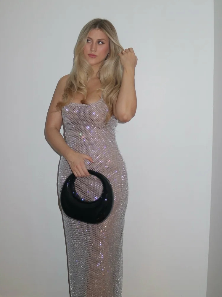 Solid Sequin Glitter Long Dress Women Sexy Square Collar Sling Slim Maxi Dresses Lady Fashion Elegant Party Evening Robes 250319