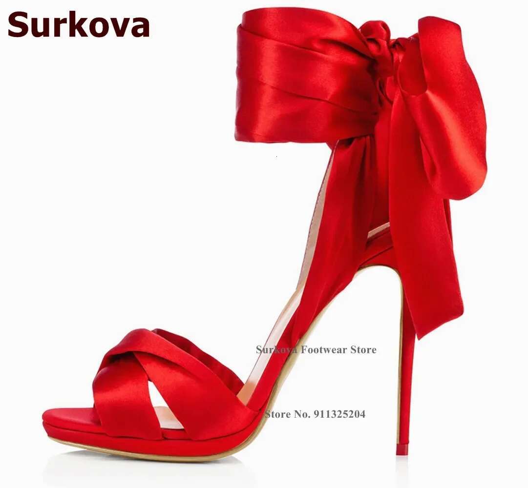 Surkova Hot Red Satin Fabric Big Bowtie Sandals Thin High Heel Silk Cloth Lace-up Butterfly-knot Wedding Shoes Plus Size46 Pumps