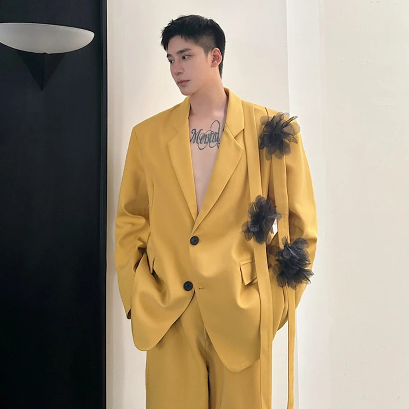IEFB Niche Mens Two-piece Ribbon Mesh Floral Single Breasted Blazer Contrast Color Straight Wide Leg Suit Pants 9C8190 250314
