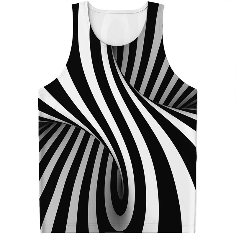 Latest mens black and white striped printed Harajuku vest summer sportswear fitness gym top sleeveless hoodie 250319