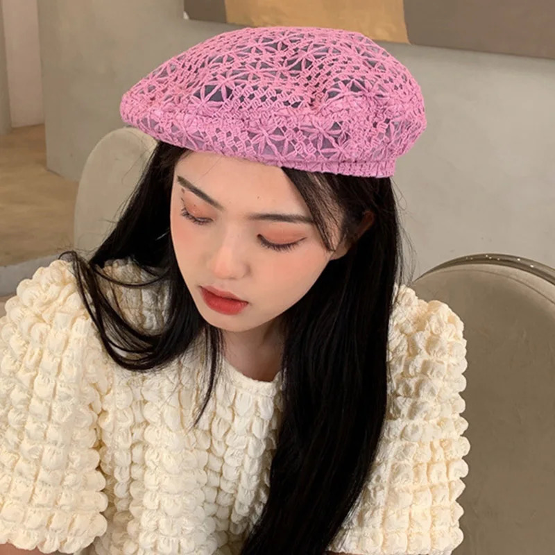 Multi Colored Summer Crochet Beret for Women Slouchy Breathable Lace Beret Hat Cutout Floral Beanie Cap Head Covering Cotton Hat 250320