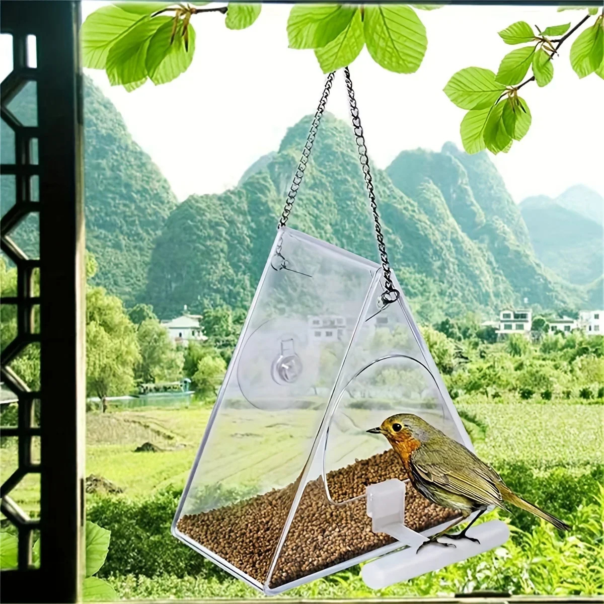 The super strong suction cup and weather resistant n of the triangular acrylic feeder in garden courtyard 250320