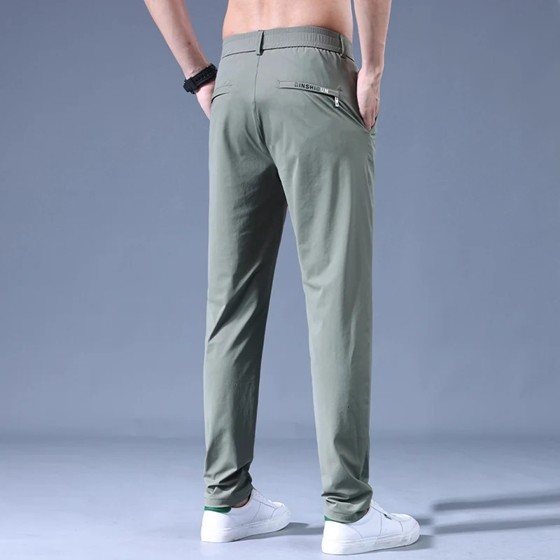 Summer Business Ice Silk Pants Straight Elastic Waist Black Grey Trouser Breathable Simple Mens Clothing Casual 250320