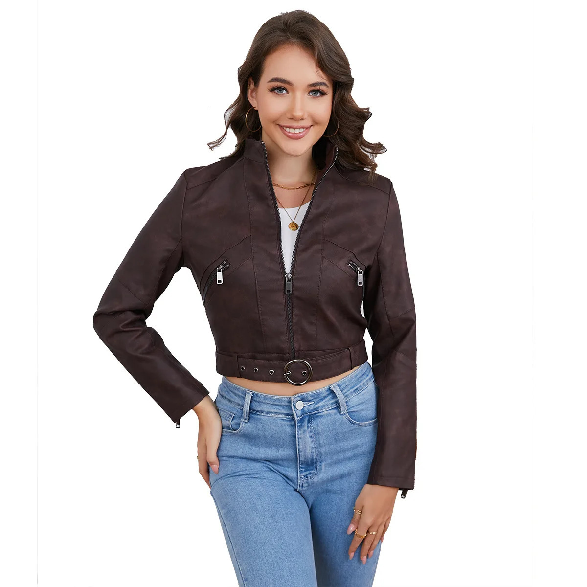 Spring and Autumn Womens Motorcycle Style Leather Jacket with Long Sleeve Zipper Coat Windproof 250314