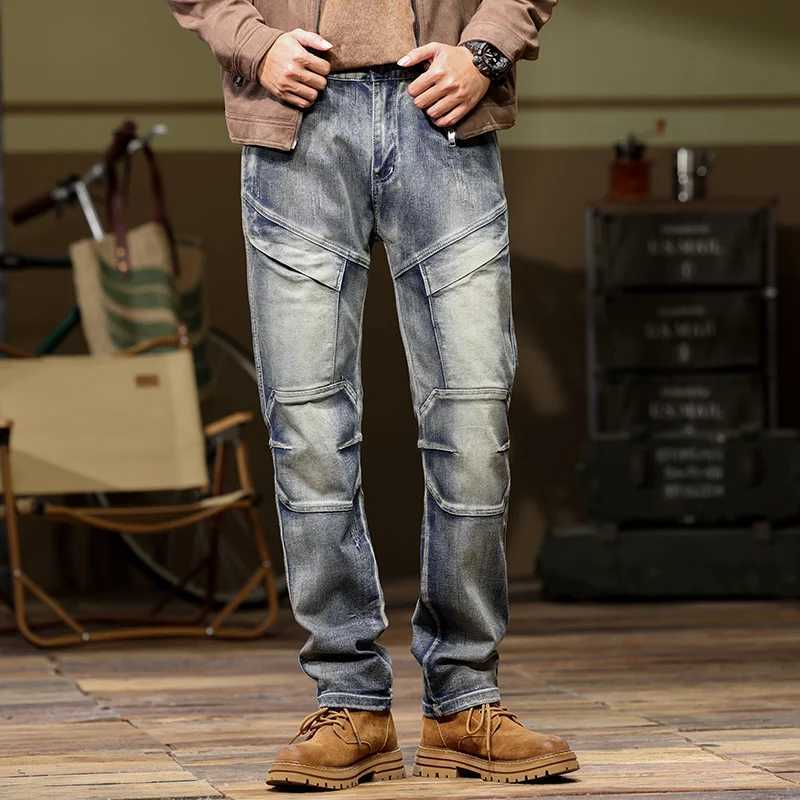 Nostalgic Multi-pocket Work Jeans Mens Stretch Large Size Straight Slim Military Style Jeans Punk Rock Straight Jeans 40 42 44T250319