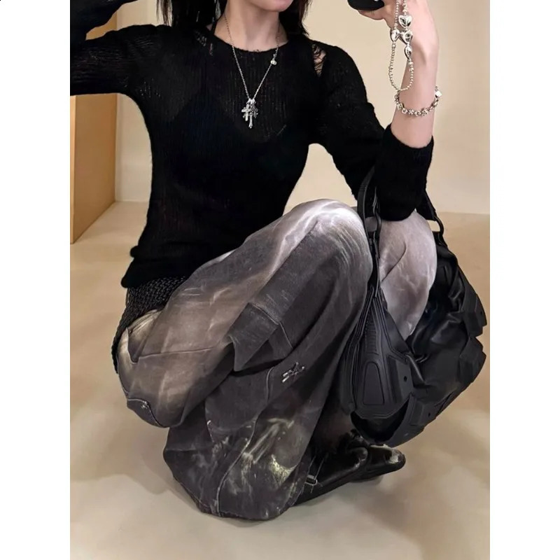 American retro large-size water washing silhouette waterfall jeans for women spring girl digital printed floor trousers 250319