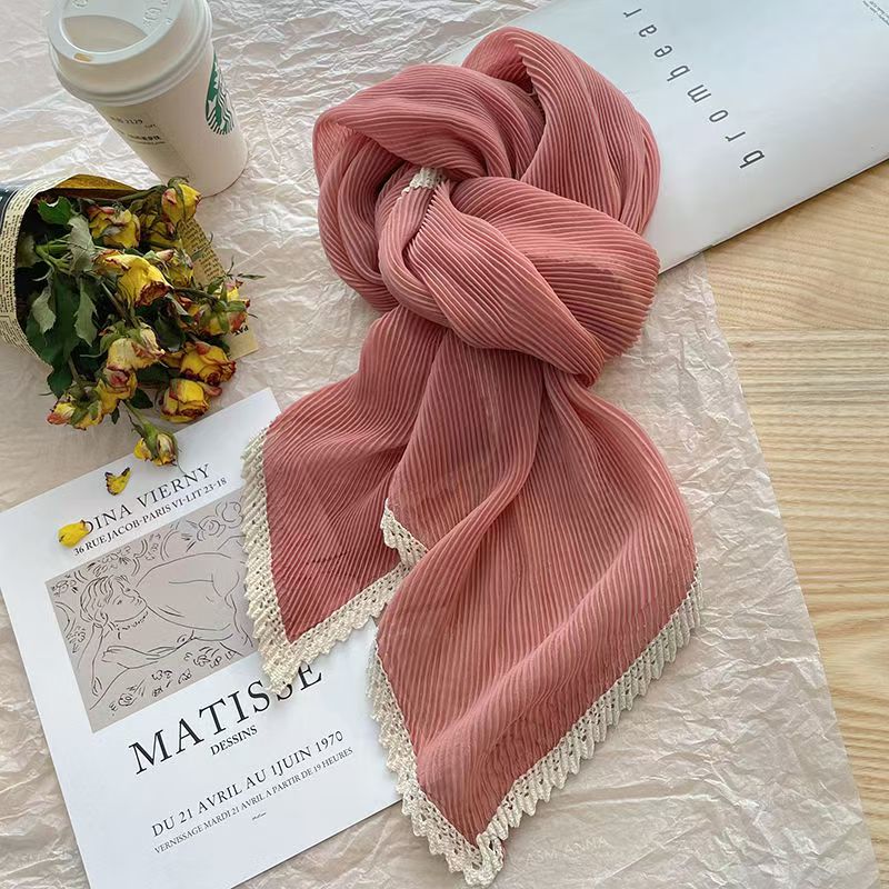 T323 Spring new solid color lace wrinkled silk scarf female Korean version thin outer travel sunscreen shawl winter warm scarf