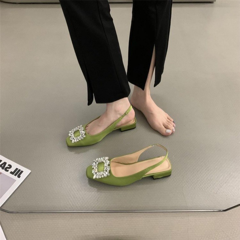 Women's open-back single shoes with square toes thick heels square buckles rhinestones fairy style and French style for summer new