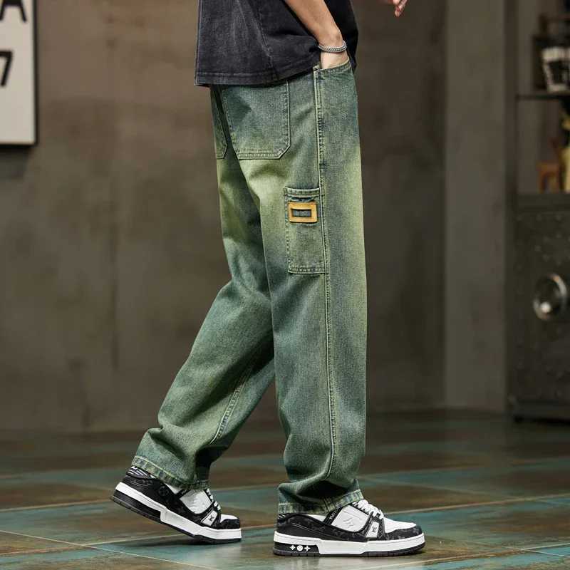 College boy loose casual pants retro blue street fashion patchwork jeans hiking wide leg pocket jeans brand mens clothingT250319