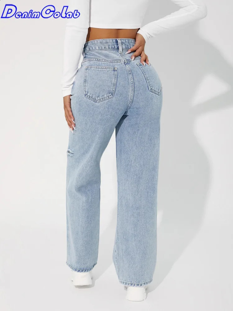 Denimcolab high waisted straight pants fashionable hole knee jeans womens loose boyfriend jeans womens streetwear 250314