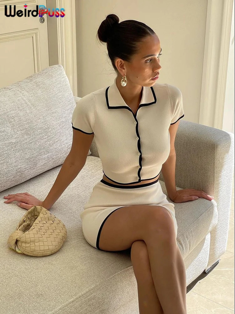 Weird Cat Rib Womens 2piece Polo Neck Button Short TopMini Skirt Matching Elastic Elegant Street Dress Set 250320