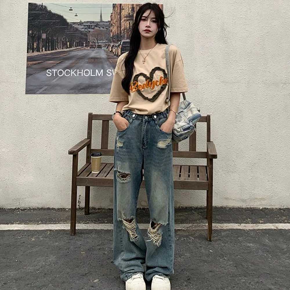 American retro perforated jeans womens high waisted straight crotch loose fit design high street Vibe wide leg drawstring pantsT250326