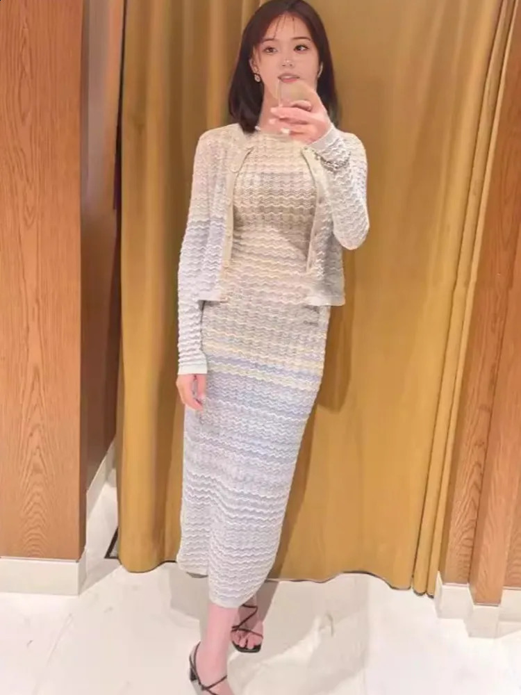Elegant Women Autumn Knitted Set Gradient Mixed Colors Sweater Cardigan Slim Fit Long Tank Dress Matching Set Knitwear Outfits 250317