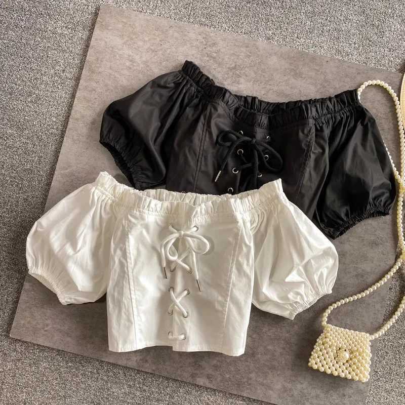 Summer New Girls Shirt French Square Neck Cropped Navel Kids Tops Black Off Shoulder Clothes for Teenagers Children Blouses 8 YT250320