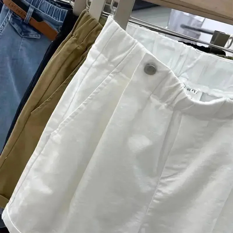 Womens Summer Shorts 2025 Beautiful Cotton Wide-leg Shorts Casual Solid Green Khaki Button Elastic Waist Denim Shorts Women 250320