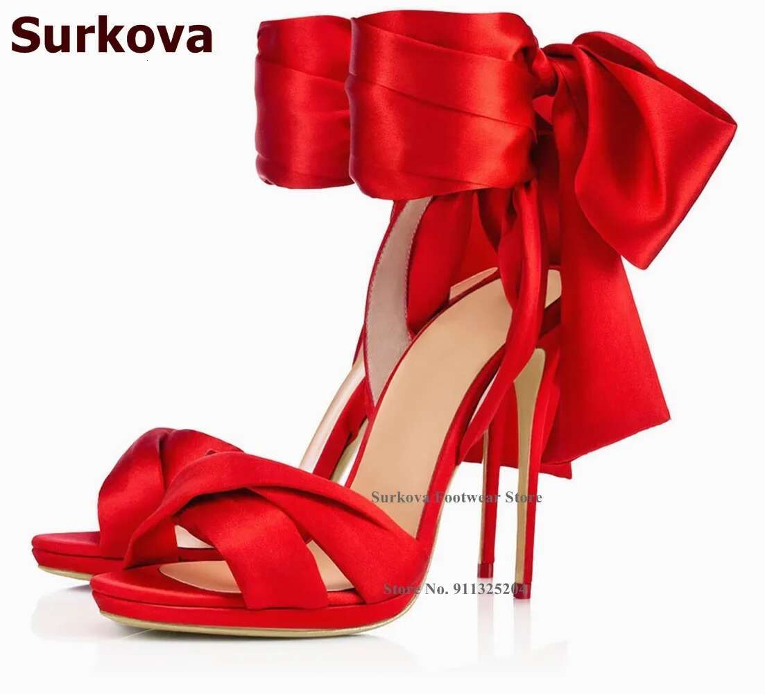 Surkova Hot Red Satin Fabric Big Bowtie Sandals Thin High Heel Silk Cloth Lace-up Butterfly-knot Wedding Shoes Plus Size46 Pumps
