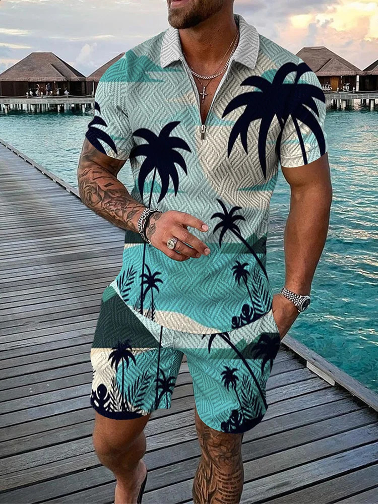 Summer Trend Mens Sweatsuit set Hawaii Beach Elements 3D Print Zipper Collar Polo Shirt And Shorts 2pcs Set Casual Man Clothing 250319