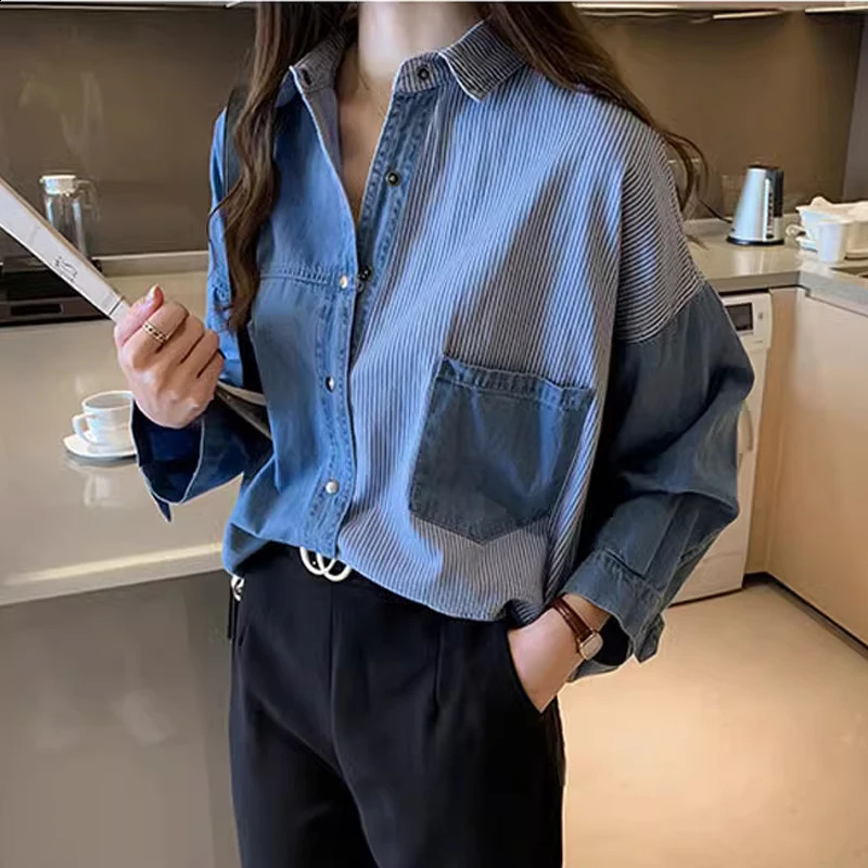 Womens Long Sleeve Denim Shirt Loose Cotton Blouse Turn Down Collar Dark Blue Tops Korean Fashion Autumn 7256 250319