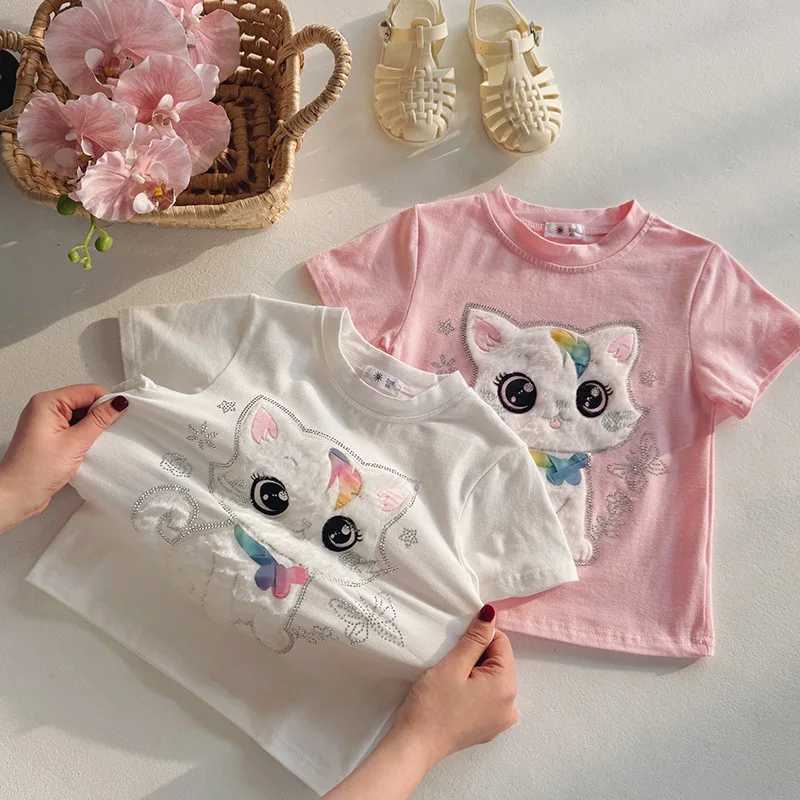 Girls summer round neck short sleeved T-shirt new fashion cat print top girls clothingT250320