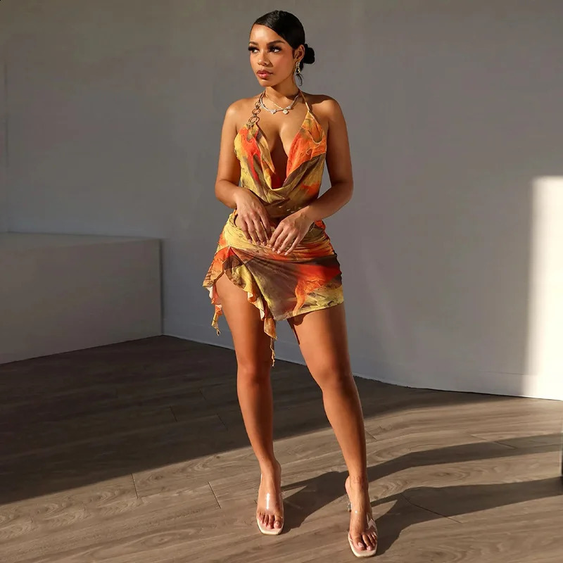 Summer Sexy Hollow Midi Waist Strap Dress Irregular Hem Bohemian Flower Print Midi Beach Party Dress 250314