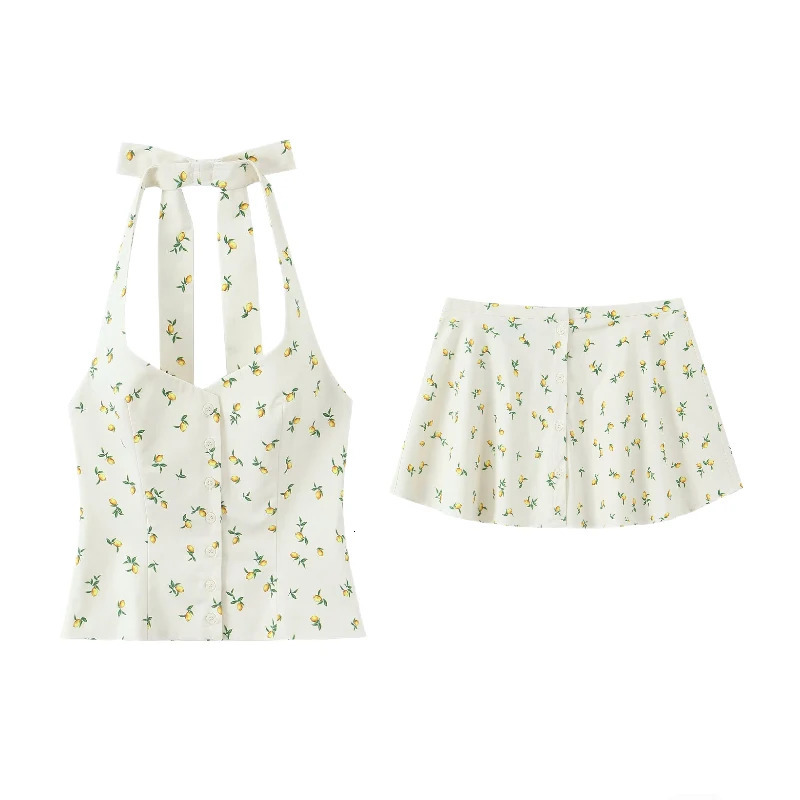 ZBZA Womens Lemon Printed Top Mini Skirt Set with Bow Vneck Halterneck Fashionable Mid Short Sleeve Unique 250320