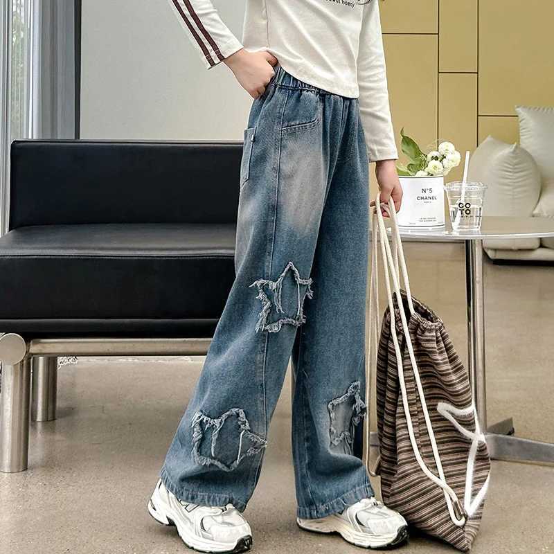 Teenagers School Childrens Trousers Spring 2024 Star Design Casual Loose Jeans Girls Elastic Waist Fashion Childrens Straight PantsT250326