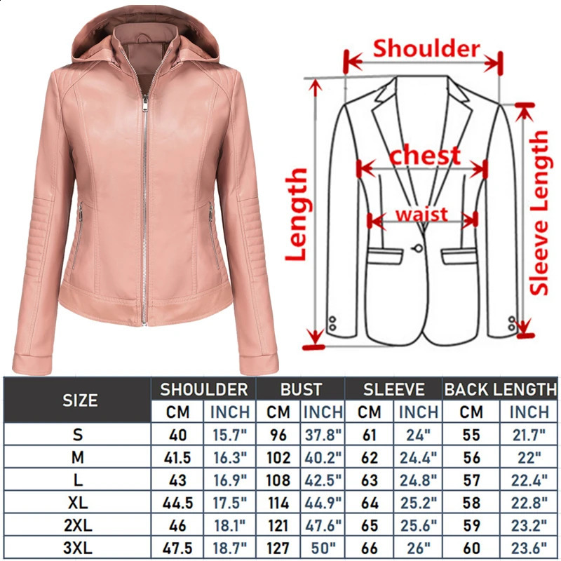 Bright red womens hooded leather jacket hat windproof fashionable casual PU black blue coffee khaki pink XXXL 250319