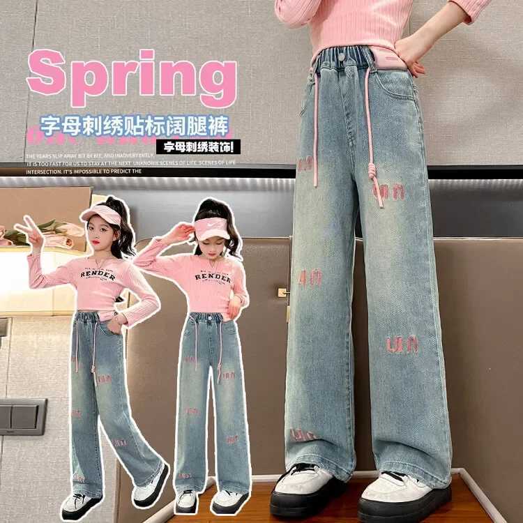 Girls casual style jeans youth clothing letter printing denim wide leg pants spring long childrens straight pants 5-16YT250326