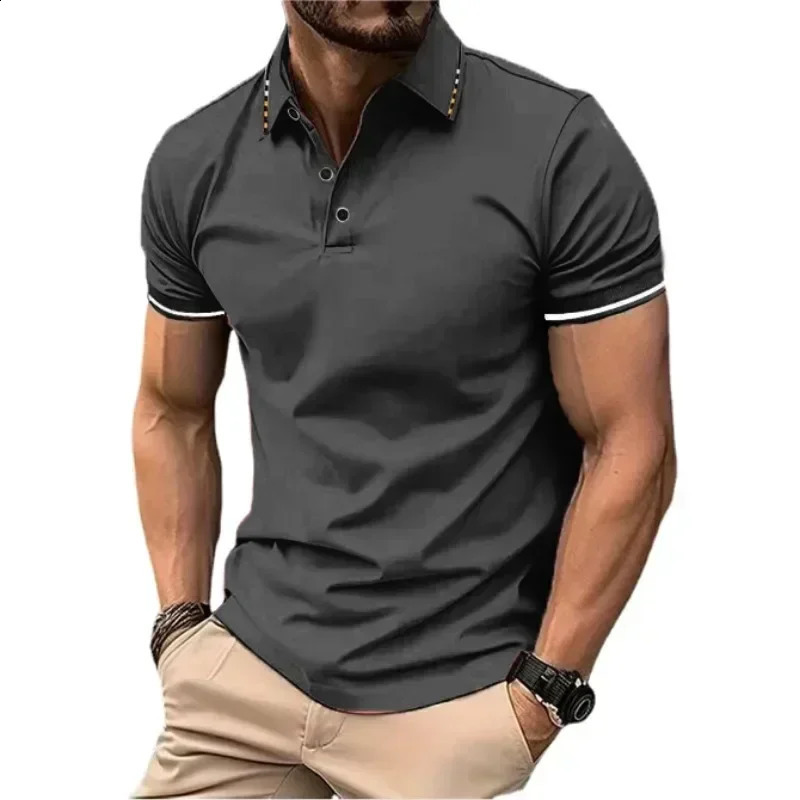 mens short sleeved polo shirt summer Tshirt with breathable collar and basic buttons gym top lightweight loose 250318