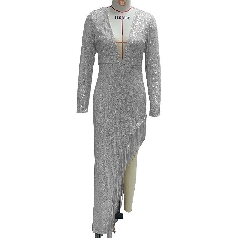 Women's Clothing Tassels Sequins Waist Hing Deep V Long Sleeves And Side Slits Sexy Asymmetrical Dress