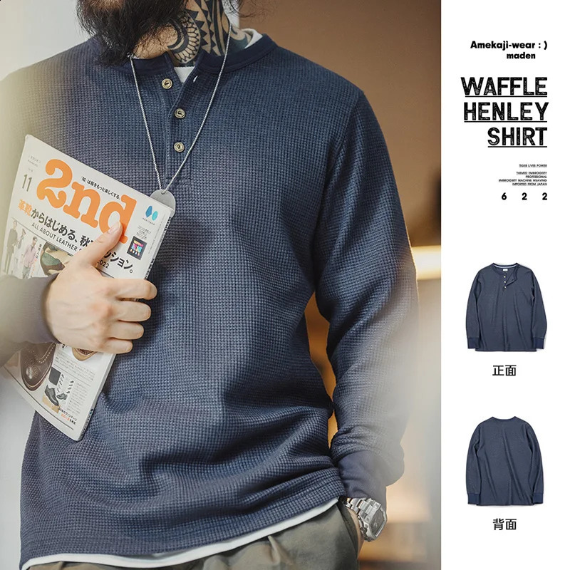 Ma Deng Fu Gu Hai Jun Lan Hua Fu Bing Henry Mens Long Sleeve Slim T-shirt Spring Bottom Knitted Sweater Crew Collar T-shirt 250317