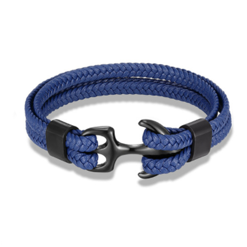 Stylish Men's Black Braided Leather Bracelet Featuring Anchor Motif in Titanium Steel