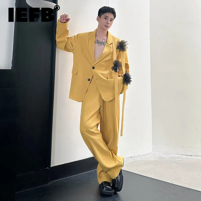 IEFB Niche Mens Two-piece Ribbon Mesh Floral Single Breasted Blazer Contrast Color Straight Wide Leg Suit Pants 9C8190 250314