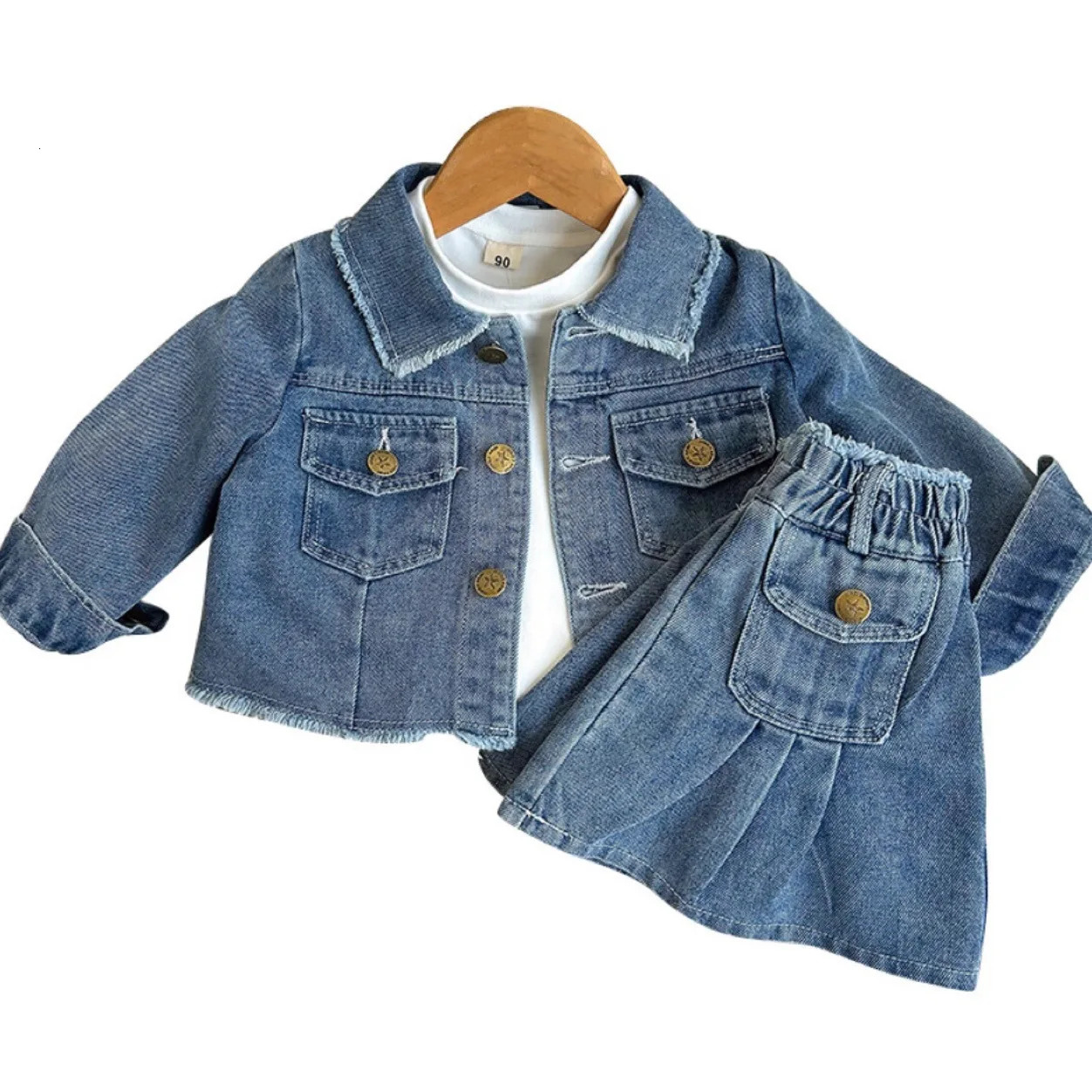 Spring Autumn Blue Retro Turndown Collar Long Sleeves Girls Solid Color Cotton Denim Jacket Short Skirts Twopiece Suit 250319