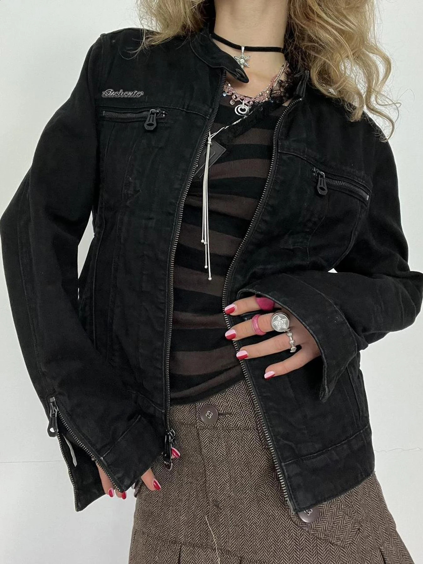 Rockmore Streetwear Double Zipper Denim Jacket Solid Retro Long Sleeve Harajuku Product Style Womens 250319