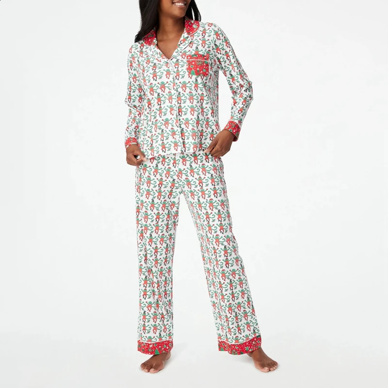 Cartoon Monkey Print Long Sleeve Button Down Blouse Tops with Long Pants Loungewear Womens Summer Casual 2 Piece Set Sleepwear 250319