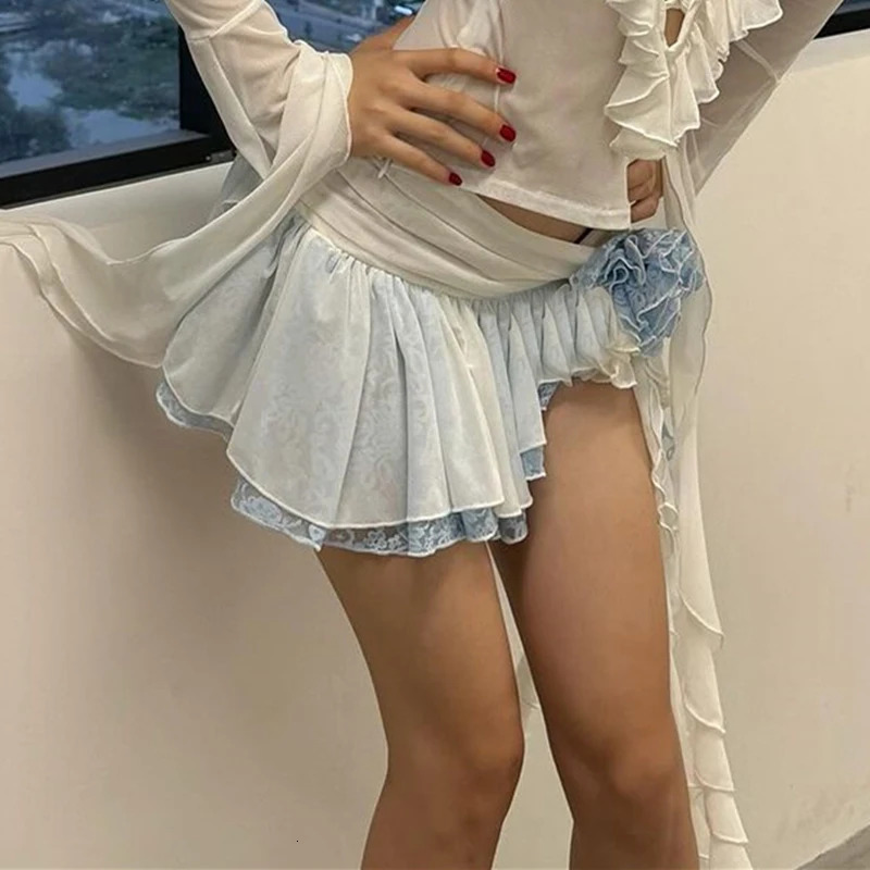 WhereMery Fashion Lace Women Mini Skirt Y2K Ladies Asymmetrical Ruffle Slim Female Short Dresses Sexy Womens Summer Skirts 250320