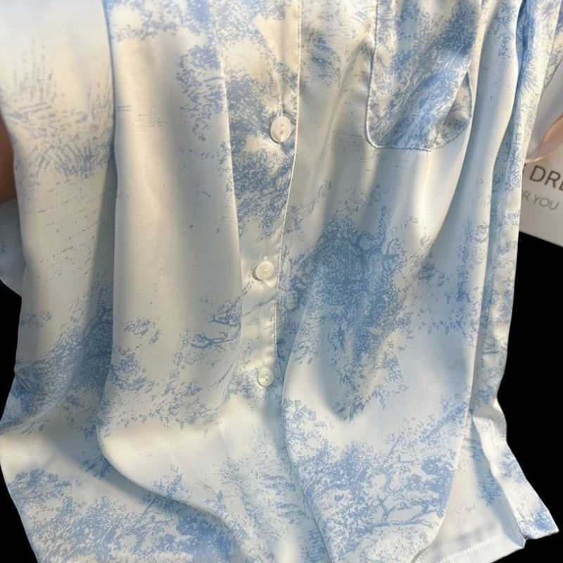 New Ice Silk Women Pajama Lapel Button Cardigan Outfits for Women 2 Piece Set Fashion Printing Set Clothes for WomenC250319