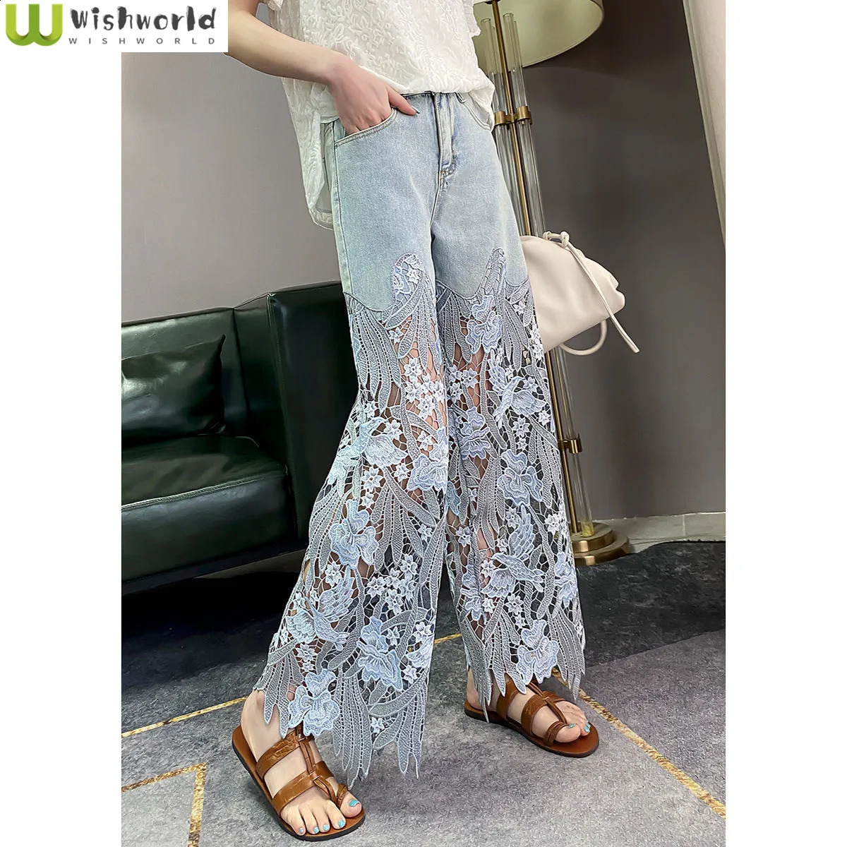 Summer Retro Flower Hollow Jeans Cool Pants Womens Pants Loose Street Casual Trousers 250314